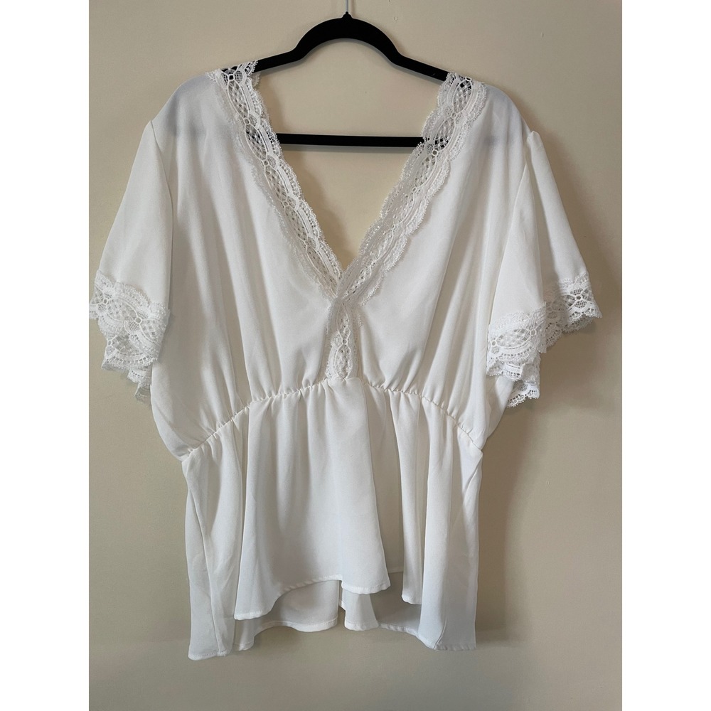 White Crochet Lace Trim V-Neck Empire Waist Blouse Butterfly Sleeve Top 2XL